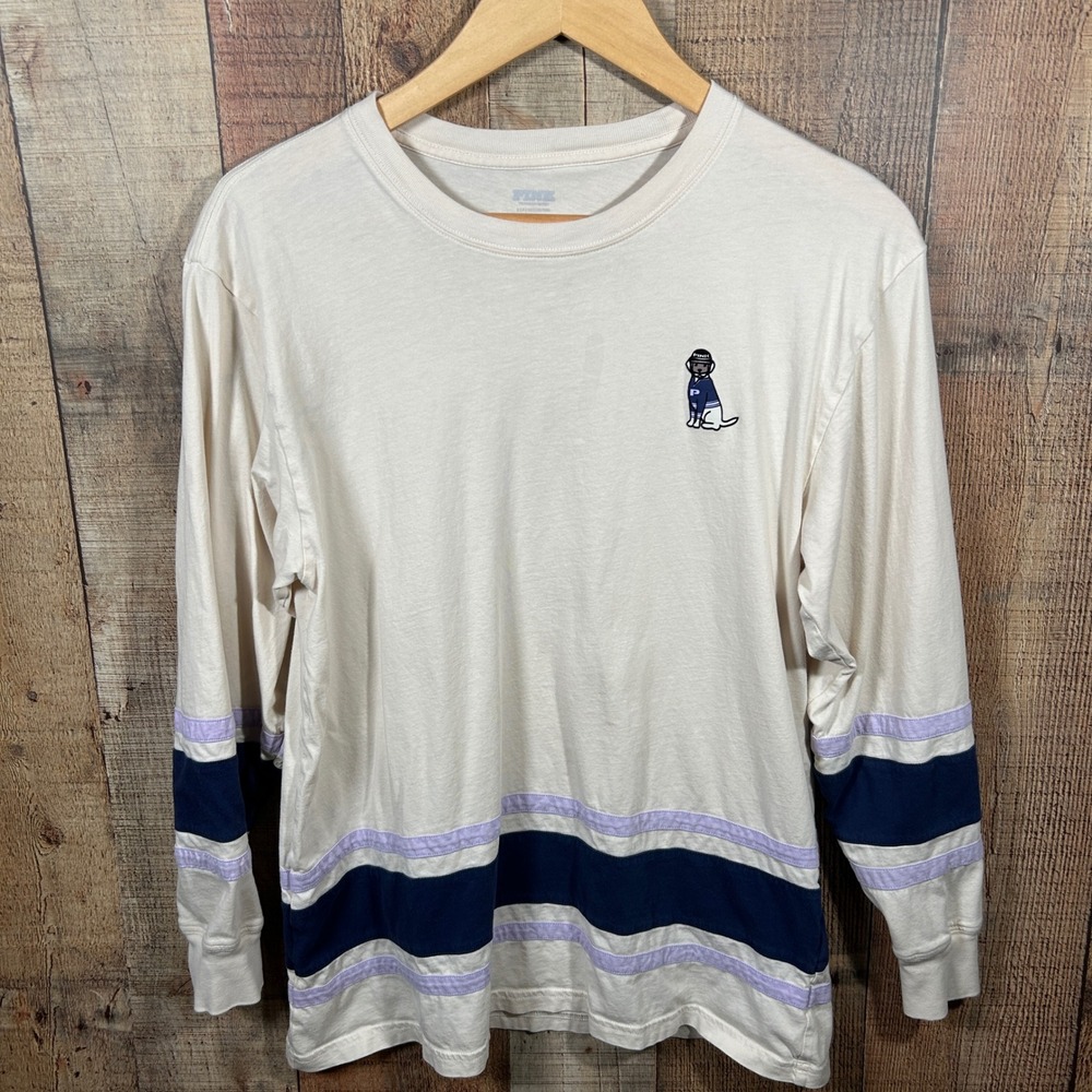 Victoria's Secret PINK Long Sleeve Campus Tee Cream Purple Navy Stripe Small Dog